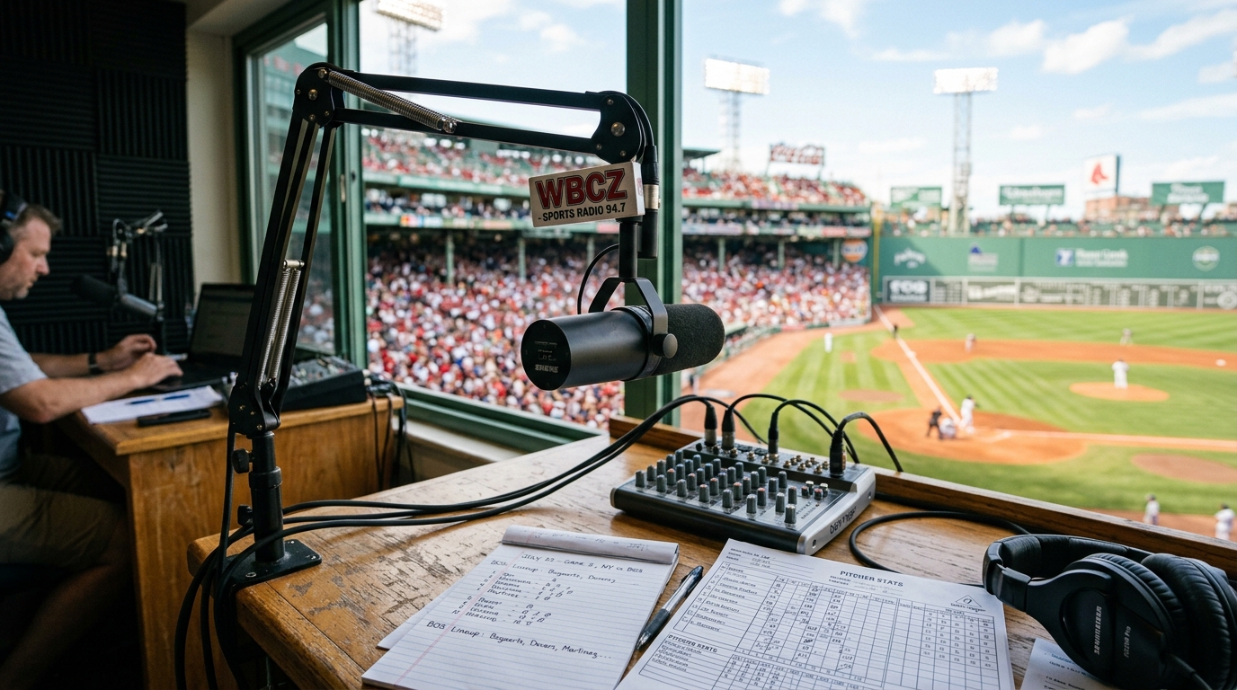 Radio broadcast microphone in a baseball commentary press box overlooking home plate