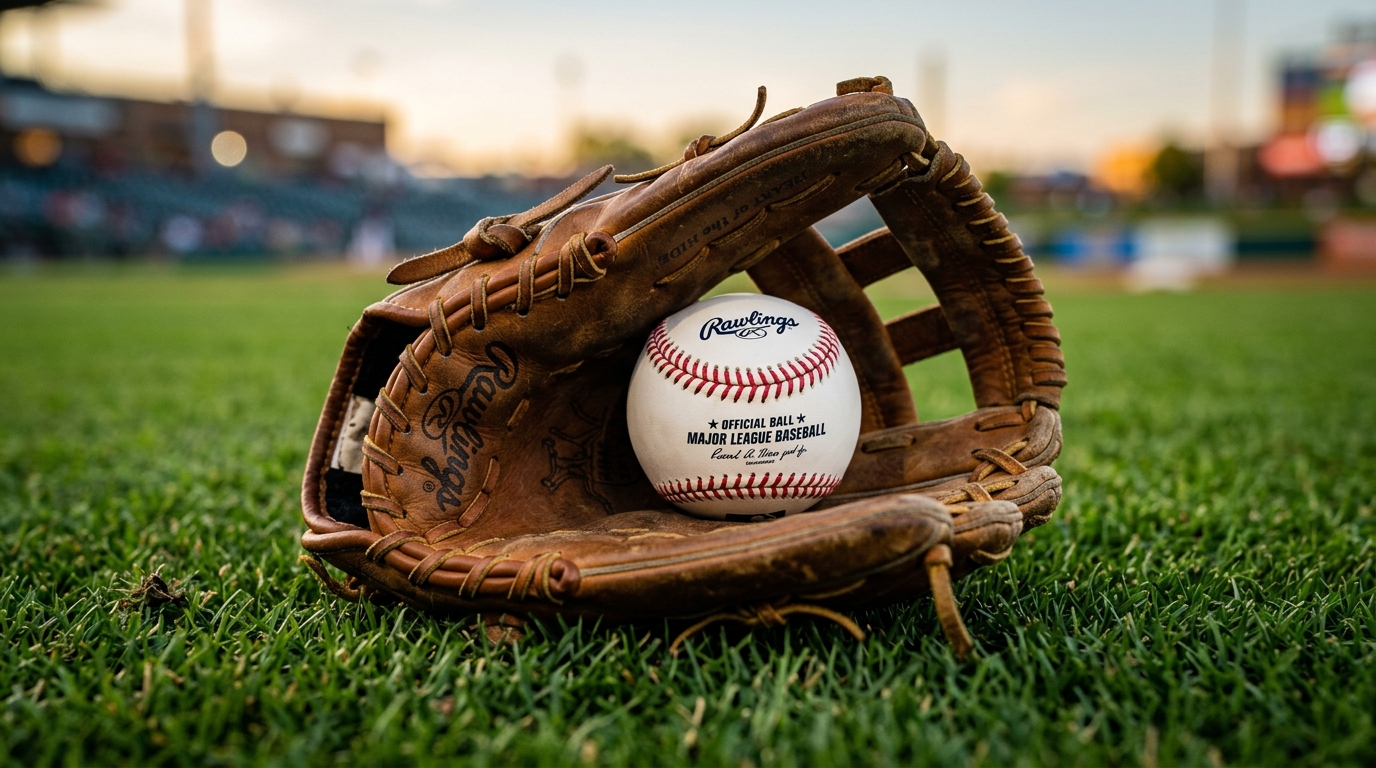 Authentic leather baseball glove with an official baseball on outfield grass