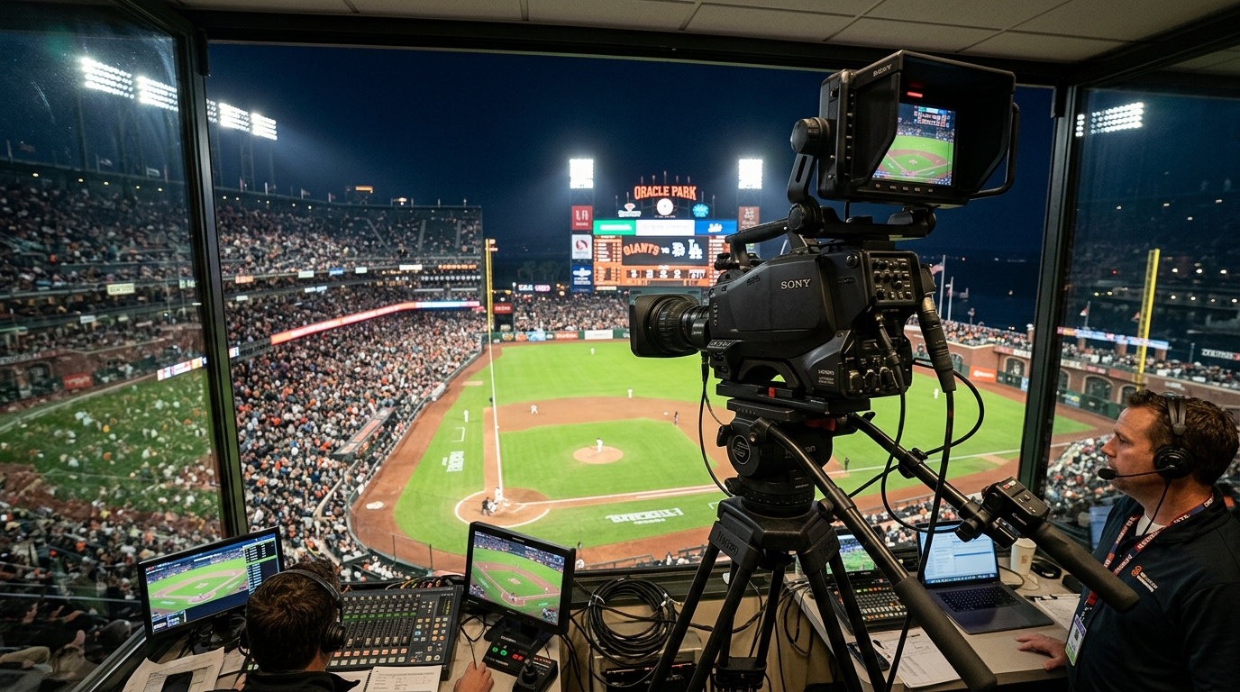 Professional television broadcast camera overlooking a baseball stadium from the press box