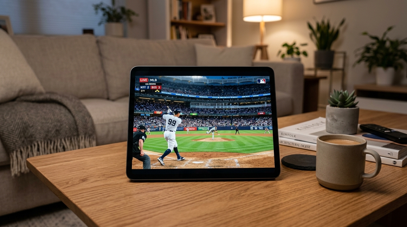 Modern tablet on wooden table displaying a baseball game scoreboard in high definition