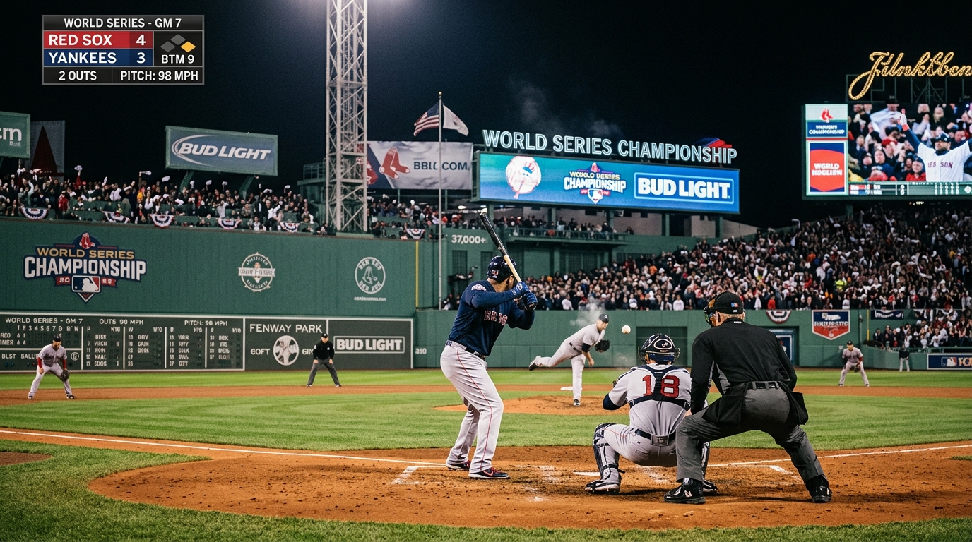 Baseball batter waiting at home plate under dramatic championship stadium lights