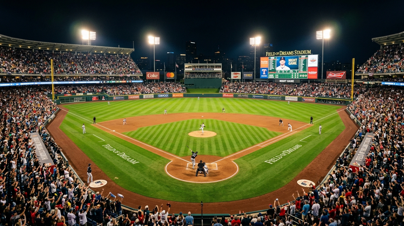 Major League Baseball stadium under evening lights with infield diamond
